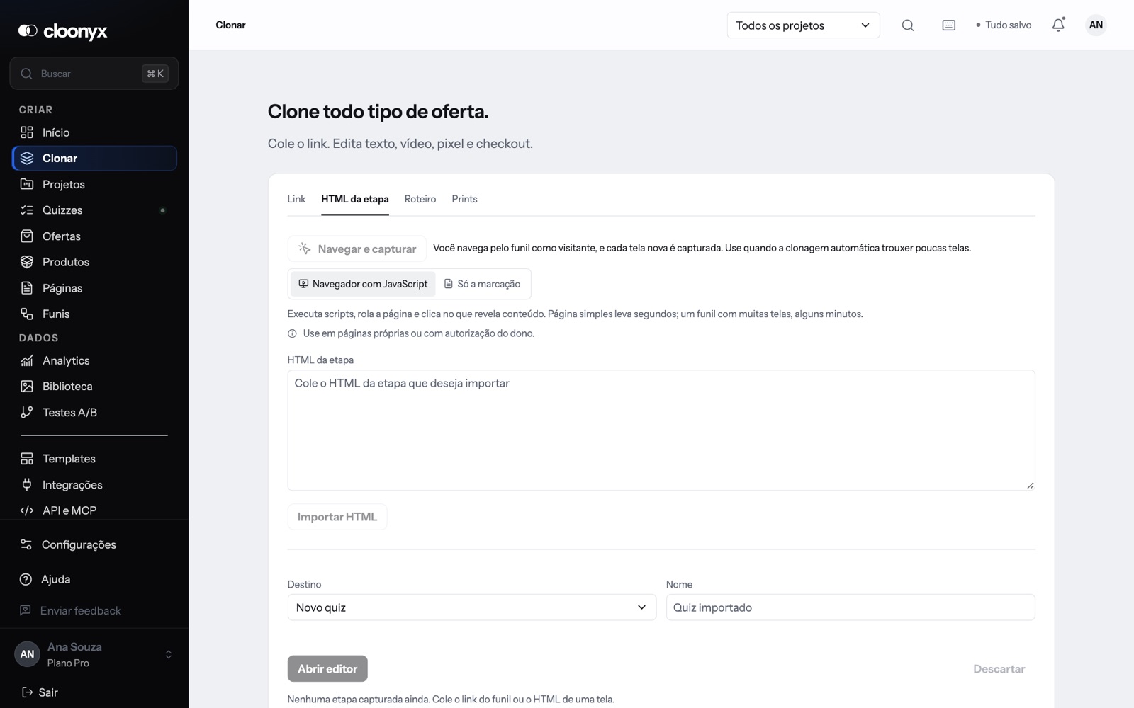 Ou cole o HTML: tela do Cloonyx
