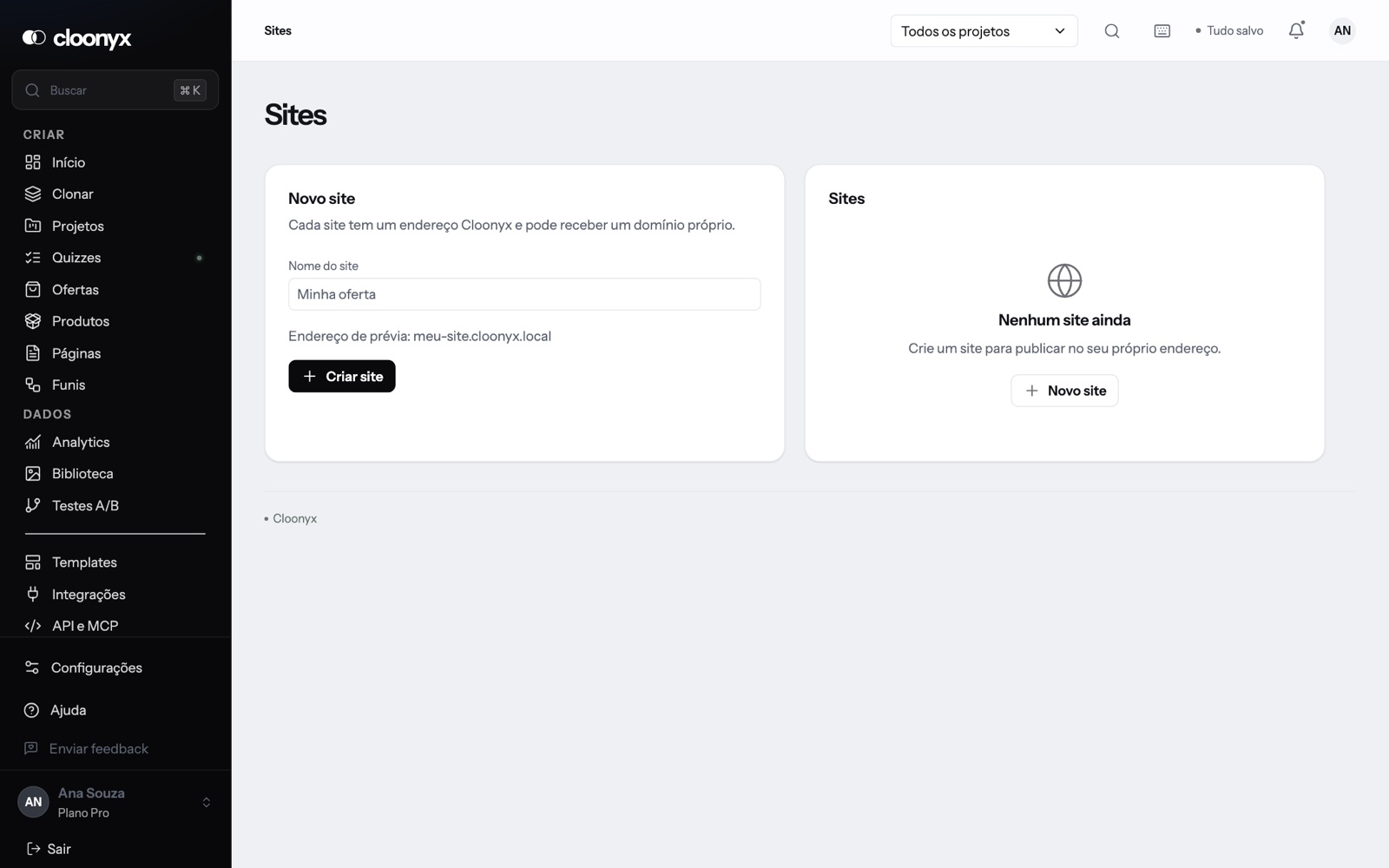 Crie um site: tela do Cloonyx