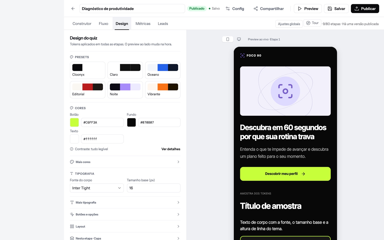 Abra a aba Design: tela do Cloonyx